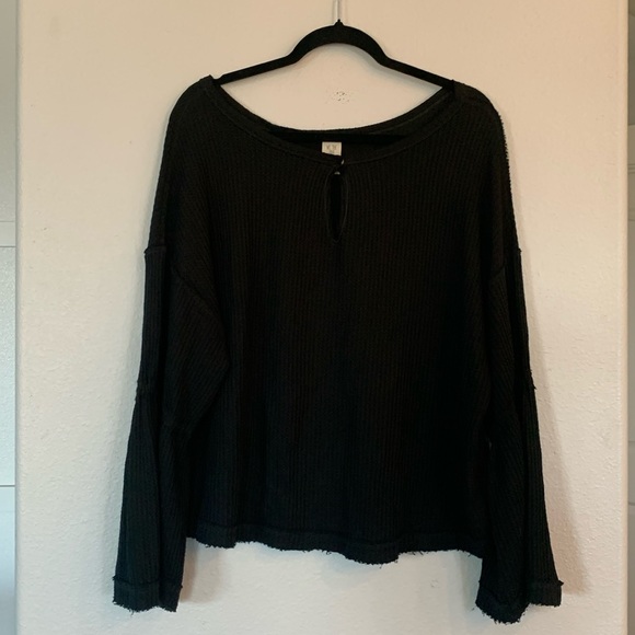 We the free Free People thermal bell sleeve waffle knit shirt-black-Medium - Picture 5 of 11